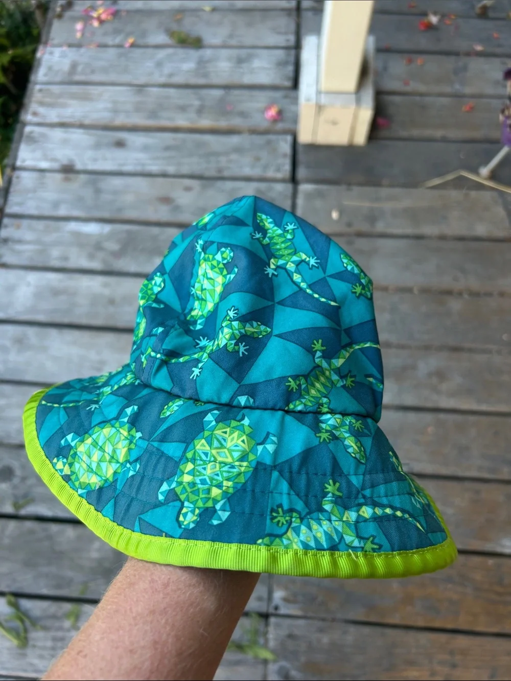 Kids Sun Day hat spf 50- Teal & Lime Sun Hat with Turtle & Gecko Print 6-24mo
